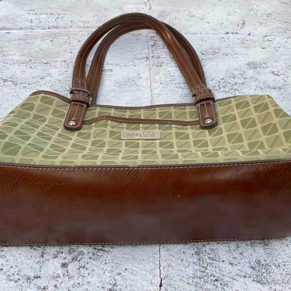 Nine & Company Women Bag Green Convas Brown Leather Hand Bag - Picture 6 of 12